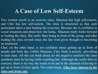 Two women enroll in an exercise class. Maureen has high self-esteem,
and Cher has low self-esteem. The class is structured so that each
participant takes a turn leading the exercises. Because she is confident in
social situations and about how she looks, Maureen really looks forward
to leading the class. She really likes being in front of the group, and after
leading the class several times she has even given thought to becoming
an instructor.
Cher, on the other hand, is not confident about getting up in front of
people and feels shy. Unlike Maureen, Cher finds it anxiety provoking
to lead class. All she can think about are the negative reactions the class
members must be having while watching her. Although she really likes to
exercise, there is no way she wants to be put in the situation of having to
get up in front of class again. Not surprisingly, Cher loses interest in the
class and drops out.
 