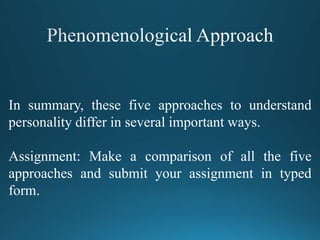 In summary, these five approaches to understand
personality differ in several important ways.
Assignment: Make a comparison of all the five
approaches and submit your assignment in typed
form.
 