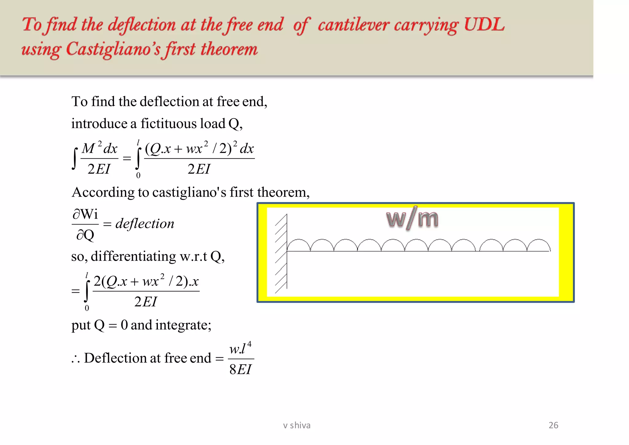 EI
lw
EI
xwxxQ
deflection
EI
dxwxxQ
EI
dxM
l
l
8
.
endfreeatDeflection
integrate;and0Qput
2
).2/.(2
Q,w.r.tatingdifferentiso,
Q
Wi
rem,first theoso'castigliantoAccording
2
)2/.(
2
Q,loadfictituousaintroduce
end,freeatdeflectionthefindTo
4
0
2
0
222
=
=
+
=
=


+
=


26v shiva
 