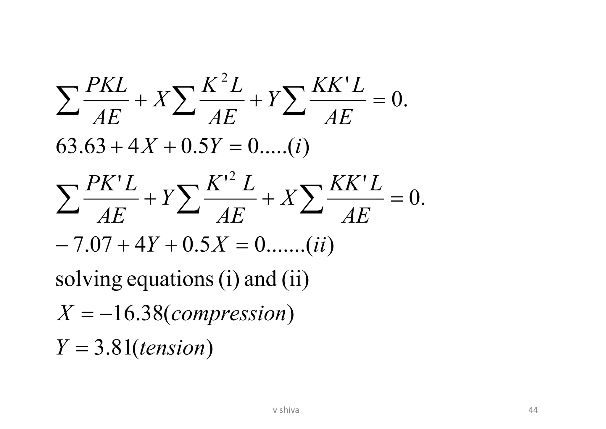 )(81.3
)(38.16
(ii)and(i)equationssolving
).......(05.0407.7
.0
'''
).....(05.0463.63
.0
'
2
2
tensionY
ncompressioX
iiXY
AE
LKK
X
AE
LK
Y
AE
LPK
iYX
AE
LKK
Y
AE
LK
X
AE
PKL
=
−=
=++−
=++
=++
=++


44v shiva
 