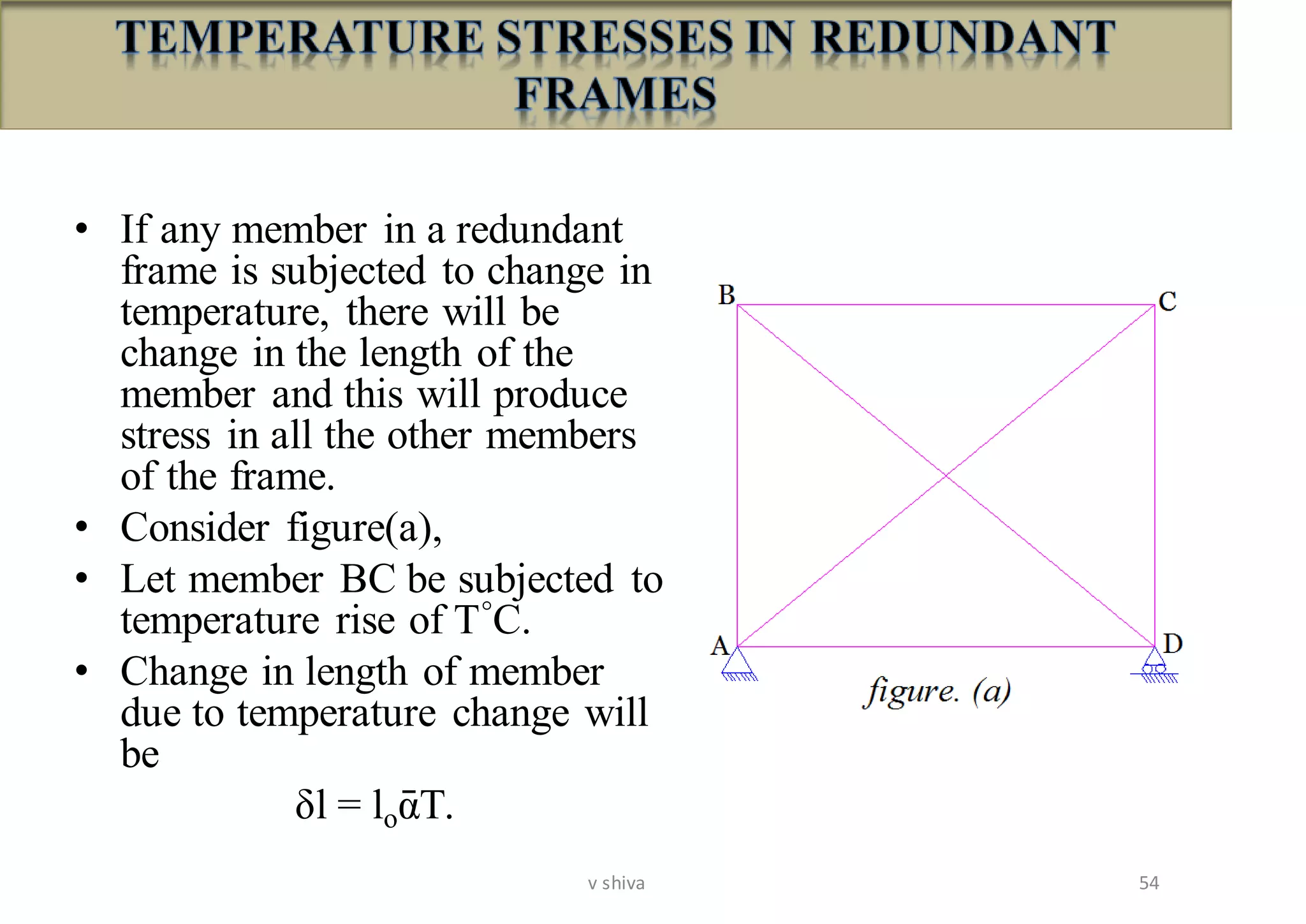 • If any member in a redundant
frame is subjected to change in
temperature, there will be
change in the length of the
member and this will produce
stress in all the other members
of the frame.
• Consider figure(a),
• Let member BC be subjected to
temperature rise of T°C.
• Change in length of member
due to temperature change will
be
δl = loᾱT.
54v shiva
 