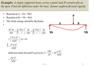 Example: A simply supported beam carries a point load P eccentrically on
the span. Find the deflection under the load. Assume uniform flexural rigidity
• Reaction at A = Va = Pb/l
• Reaction at B = Vb = Pa/l
• The strain energy stored by the beam,
•


=
=


=
=
+





=






+





=
.
3
6
2bygivenisPloadunder thedeflection
6
)(
6
22
.
2
22
22
222
2
222
0
2
0
22
EIl
bPa
EIl
ba
P
P
Wi
EIl
baP
ba
EIl
baP
EI
dx
l
Pax
EI
dx
l
xPb
EI
dxM
ba

22v shiva
 