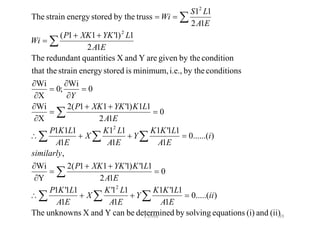 (ii)and(i)equationssolvingbydeterminedbecanYandXunknownsThe
).....(0
1
11'1
1
11'
1
11'1
0
12
11')1'11(2
Y
Wi
,
)......(0
1
11'1
1
11
1
111
0
12
11)1'11(2
X
Wi
0
Wi
;0
X
Wi
conditionsby thei.e.,minimum,isstoredenergystrainthat the
conditionby thegivenareYandXquantitiesredundantThe
12
1)1'11(
12
11
trussby thestoredenergystrainThe
2
2
2
2
ii
EA
LKK
Y
EA
LK
X
EA
LKP
EA
LKYKXKP
similarly
i
EA
LKK
Y
EA
LK
X
EA
LKP
EA
LKYKXKP
Y
EA
LYKXKP
Wi
EA
LS
Wi
=++
=
++
=


=++
=
++
=


=


=


++
=
==






39v shiva
 