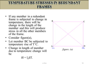 • If any member in a redundant
frame is subjected to change in
temperature, there will be
change in the length of the
member and this will produce
stress in all the other members
of the frame.
• Consider figure(a),
• Let member BC be subjected to
temperature rise of T°C.
• Change in length of member
due to temperature change will
be
δl = loᾱT.
54v shiva
 
