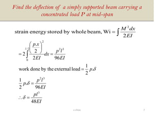 Find the deflection of a simply supported beam carrying a
concentrated load P at mid-span
EI
pl
EI
lp
p
p
EI
lp
dx
EI
xp
l
48
96
.
2
1
.
2
1
loadexternalby thedonework
962
2
.
2
3
32
322/
0
2
=
=
=
=






= 



=
EI
dxM
2
Wibeam,by wholestoredenergystrain
2
7v shiva
 