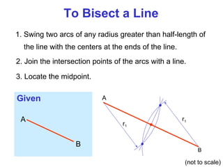 To Bisect a Line
1. Swing two arcs of any radius greater than half-length of
the line with the centers at the ends of the line.
2. Join the intersection points of the arcs with a line.
3. Locate the midpoint.

Given

A

A

r1

B

r1

B

(not to scale)

 