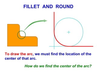 FILLET AND ROUND

To draw the arc, we must find the location of the
center of that arc.
How do we find the center of the arc?

 
