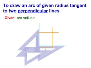 To draw an arc of given radius tangent
to two perpendicular lines
Given arc radius r

r
r

 
