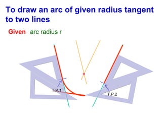 To draw an arc of given radius tangent
to two lines
Given arc radius r

T.P.1

T.P.2

 