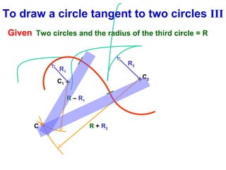 To draw a circle tangent to two circles III
Given Two circles and the radius of the third circle = R

R2

R1

+C2

C1 +
R – R1

C

R + R2

 