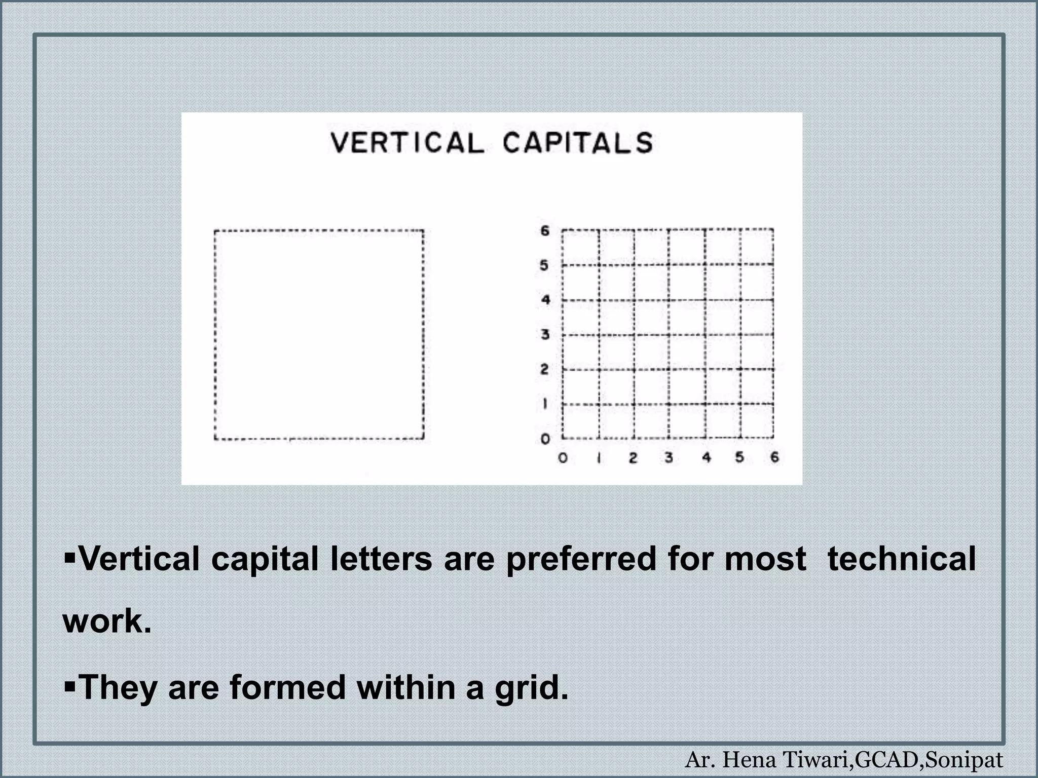 Ar. Hena Tiwari,GCAD,Sonipat
Vertical capital letters are preferred for most technical
work.
They are formed within a grid.
 