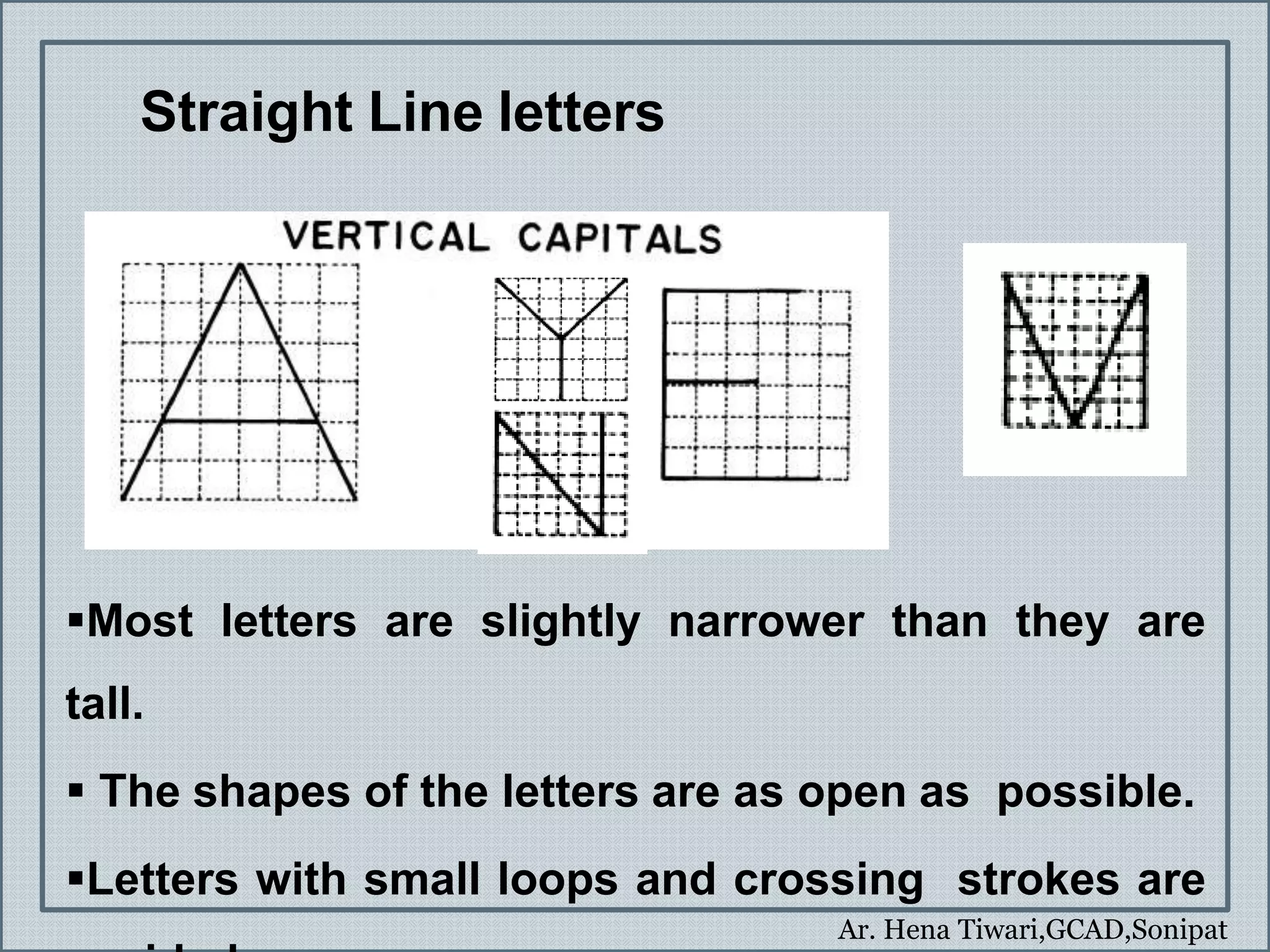 Ar. Hena Tiwari,GCAD,Sonipat
Straight Line letters
Most letters are slightly narrower than they are
tall.
 The shapes of the letters are as open as possible.
Letters with small loops and crossing strokes are
 
