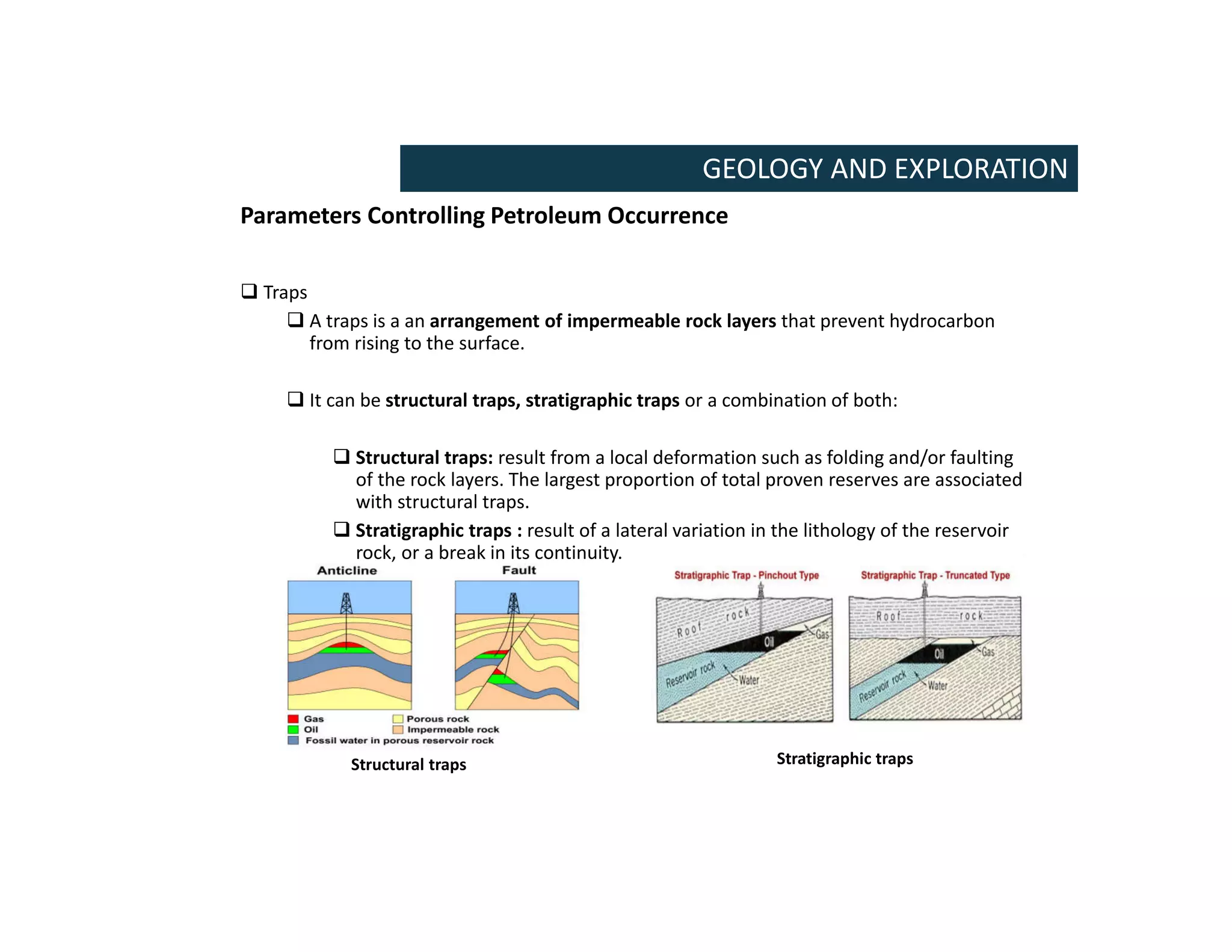 Parameters Controlling Petroleum Occurrence
 Traps
 A traps is a an arrangement of impermeable rock layers that prevent hydrocarbon
from rising to the surface.
 It can be structural traps, stratigraphic traps or a combination of both:
 Structural traps: result from a local deformation such as folding and/or faulting
of the rock layers. The largest proportion of total proven reserves are associated
with structural traps.
 Stratigraphic traps : result of a lateral variation in the lithology of the reservoir
rock, or a break in its continuity.
GEOLOGY AND EXPLORATION
Structural traps Stratigraphic traps
 