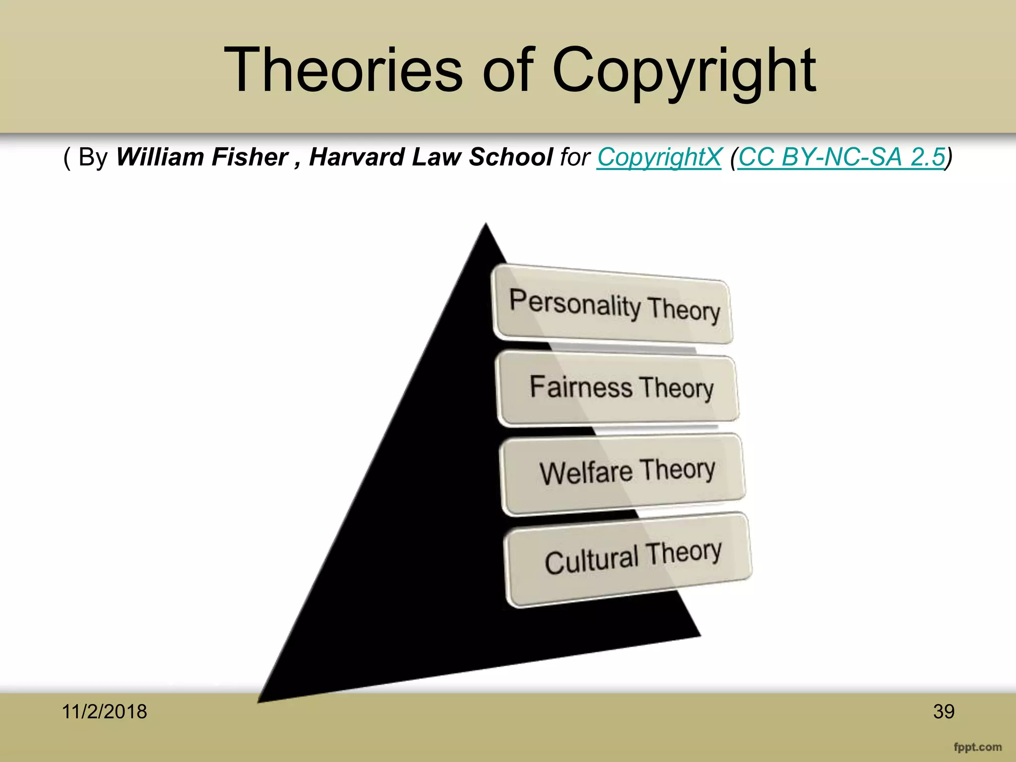 Theories of Copyright
( By William Fisher , Harvard Law School for CopyrightX (CC BY-NC-SA 2.5)
11/2/2018 39
 