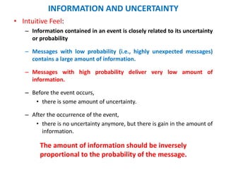 INFORMATION AND UNCERTAINTY
• Intuitive Feel:
– Information contained in an event is closely related to its uncertainty
or probability
– Messages with low probability (i.e., highly unexpected messages)
contains a large amount of information.
– Messages with high probability deliver very low amount of
information.
– Before the event occurs,
• there is some amount of uncertainty.
– After the occurrence of the event,
• there is no uncertainty anymore, but there is gain in the amount of
information.
The amount of information should be inversely
proportional to the probability of the message.
 