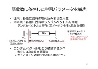 語彙数に依存した学習パラメータを撤廃
• 従来︓各語に固有の埋め込み表現を⽤意
• 本研究︓各語に固有のランダムベクトルを⽤意
– ランダムベクトルと共有パラメータから埋め込みを構築
• ランダムベクトルをどう構築するか︖
– 素朴には次元数 × 語彙数
– もっとメモリ効率の良い⼿法はないか︖
57
o
mw
FFN
ew
学習パラメータは
o と FFN のみ
→ 学習パラメータが
語彙数に⾮依存
ランダムベクトル
（各語に固有）
共有の埋め込み 各語の埋め込み
 
