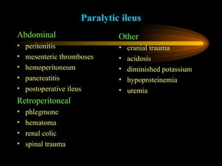 Paralytic ileus Abdominal peritonitis mesenteric thromboses hemoperitoneum pancreatitis postoperative ileus Retroperitoneal phlegmone hematoma renal colic spinal trauma Other cranial trauma acidosis diminished potassium hypoproteinemia uremia 