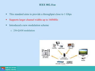 IEEE 802.11ac
 This standard aims to provide a throughput close to 1 Gbps
 Supports larger channel widths up to 160MHz
 Introduced a new modulation scheme
o 256-QAM modulation
 