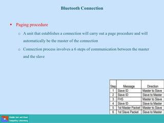Bluetooth Connection
 Paging procedure
o A unit that establishes a connection will carry out a page procedure and will
automatically be the master of the connection
o Connection process involves a 6 steps of communication between the master
and the slave
 