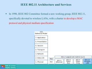 IEEE 802.11 Architecture and Services
 In 1990, IEEE 802 Committee formed a new working group, IEEE 802.11,
specifically devoted to wireless LANs, with a charter to develop a MAC
protocol and physical medium specification
 
