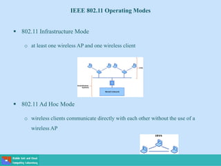  802.11 Infrastructure Mode
o at least one wireless AP and one wireless client
 802.11 Ad Hoc Mode
o wireless clients communicate directly with each other without the use of a
wireless AP
IEEE 802.11 Operating Modes
 