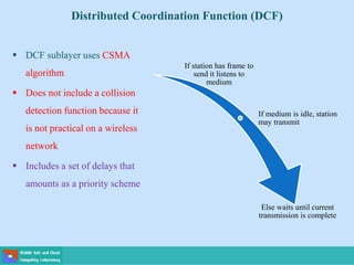 Distributed Coordination Function (DCF)
 DCF sublayer uses CSMA
algorithm
 Does not include a collision
detection function because it
is not practical on a wireless
network
 Includes a set of delays that
amounts as a priority scheme
If station has frame to
send it listens to
medium
If medium is idle, station
may transmit
Else waits until current
transmission is complete
 
