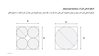 ‫للتربة‬ ‫الداخلي‬ ‫السطح‬
(
Internal Surface
)
‫السطح‬
‫الداخلي‬
‫للتربة‬
‫هو‬
‫مجموع‬
‫سطوح‬
‫بيبات‬ ‫ال‬
‫التي‬
‫تكون‬
‫هذه‬
،‫التربة‬
‫و‬
‫كلما‬
‫غر‬
‫حجم‬
‫بيبات‬ ‫ال‬
‫في‬
‫عينة‬
‫من‬
‫التربة‬
‫كلما‬
‫ز‬
‫ا‬
‫السطح‬
‫الكلي‬
.
D
D
D
D
8/4/2023
 