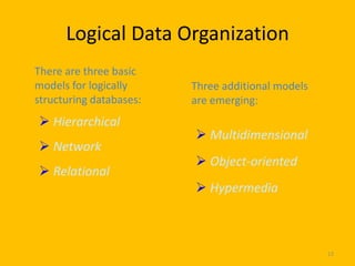 Logical Data Organization
There are three basic
models for logically     Three additional models
structuring databases:   are emerging:
 Hierarchical
                          Multidimensional
 Network
                          Object-oriented
 Relational
                          Hypermedia



                                                   13
 