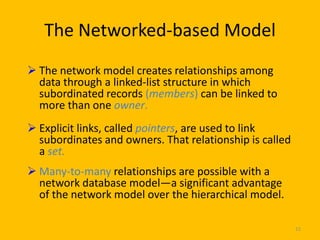 The Networked-based Model
 The network model creates relationships among
  data through a linked-list structure in which
  subordinated records (members) can be linked to
  more than one owner.
 Explicit links, called pointers, are used to link
  subordinates and owners. That relationship is called
  a set.
 Many-to-many relationships are possible with a
  network database model—a significant advantage
  of the network model over the hierarchical model.

                                                         15
 