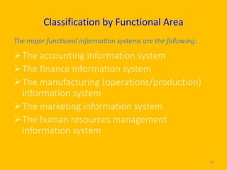 Classification by Functional Area
The major functional information systems are the following:

The accounting information system
The finance information system
The manufacturing (operations/production)
 information system
The marketing information system
The human resources management
 information system

                                                              28
 