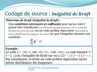 Codage de source : Inégalité de Kraft
Théorème de Kraft (inégalité de Kraft) :
Une condition nécessaire et suffisante pour qu'un code C
puisse être transformé (en effectuant des permutations sur les symboles
formant les mots de code) en un code préfixe équivalent (possédant la
même distribution de longueur des mots) est que l'inégalité suivante soit
satisfaite :
Dr P. PODA, MC, pasteurpoda@yahoo.fr,
12/2022




q
i
l
b
i
1
1
Exemple :
Le code C = {10, 11, 000, 101, 111, 1100, 1101}, un code binaire =>
b = 2, vérifie l'inégalité de Kraft car on a 22-2
+ 3  2-3
+2  2-4
= 1.
Par conséquent, il existe un code préfixe équivalent ayant
même distribution des longueurs.
 