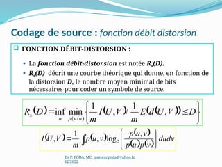 Codage de source : fonction débit distorsion
 FONCTION DÉBIT-DISTORSION :
 La fonction débit-distorsion est notée Rs(D).
 Rs(D) décrit une courbe théorique qui donne, en fonction de
la distorsion D, le nombre moyen minimal de bits
nécessaires pour coder un symbole de source.
Dr P. PODA, MC, pasteurpoda@yahoo.fr,
12/2022
     
 







 D
V
U
d
E
m
V
U
I
m
D
R
u
v
p
m
s ,
1
/
,
1
min
inf
)
/
(
     
   
dudv
v
p
u
p
v
u
p
v
u
p
m
V
U
I
,
log
,
1
, 2
 








 