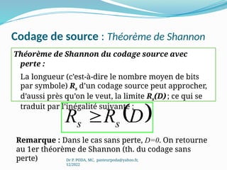 Codage de source : Théorème de Shannon
Théorème de Shannon du codage source avec
perte :
La longueur (c’est-à-dire le nombre moyen de bits
par symbole) Rs d’un codage source peut approcher,
d’aussi près qu’on le veut, la limite Rs(D) ; ce qui se
traduit par l’inégalité suivante :
Dr P. PODA, MC, pasteurpoda@yahoo.fr,
12/2022
 
D
R
R s
s 
Remarque : Dans le cas sans perte, D=0. On retourne
au 1er théorème de Shannon (th. du codage sans
perte)
 