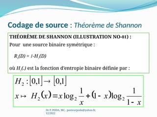 Codage de source : Théorème de Shannon
THÉORÈME DE SHANNON (ILLUSTRATION NO-01) :
Pour une source binaire symétrique :
Rs(D) = 1-H2(D)
où H2(.) est la fonction d’entropie binaire définie par :
Dr P. PODA, MC, pasteurpoda@yahoo.fr,
12/2022
   
   
x
x
x
x
x
H
x
H





1
1
log
1
1
log
1
,
0
1
,
0
:
2
2
2
2

 
