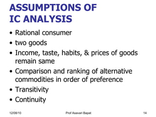 ASSUMPTIONS OF  IC ANALYSIS   Rational consumer  two goods Income, taste, habits, & prices of goods remain same Comparison and ranking of alternative commodities in order of preference Transitivity Continuity  