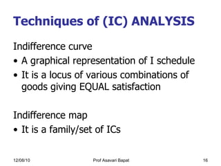 Techniques of (IC) ANALYSIS Indifference curve A graphical representation of I schedule It is a locus of various combinations of goods giving EQUAL satisfaction Indifference map  It is a family/set of ICs 