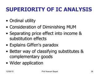 SUPERIORITY OF IC ANALYSIS Ordinal utility Consideration of Diminishing MUM Separating price effect into income & substitution effects Explains Giffen's paradox Better way of classifying substitutes & complementary goods Wider application 