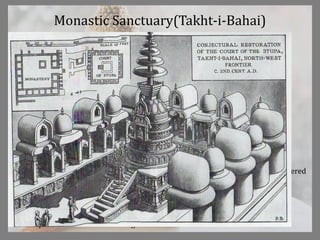 Monastic Sanctuary(Takht-i-Bahai)
 Axial Planing, logical arranged
 Rectangular plan(200 ft long)
 Stupa court on South, monastery on north
 Small chapel on terrace
 West had conference hall
 Stupa treated artisiticallly
 Courtyard-quadrangle 45ft by 55ft
 Central platform 20ft by 8 ft high on which there was a Stupa with six-tiered
umbrella
 No true arches
 Simple unadorned room in Sanghrama
 