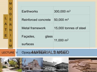 Ar. Hena Tiwari,
GCAD, Jan-July 2016
LECTURE V
Earthworks 300,000 m3
Reinforced concrete 50,000 m3
Metal framework 15,000 tonnes of steel
Façades, glass
surfaces
11,000 m2
Opaque surfaces 7,000 m2
MATERIALS USED
 