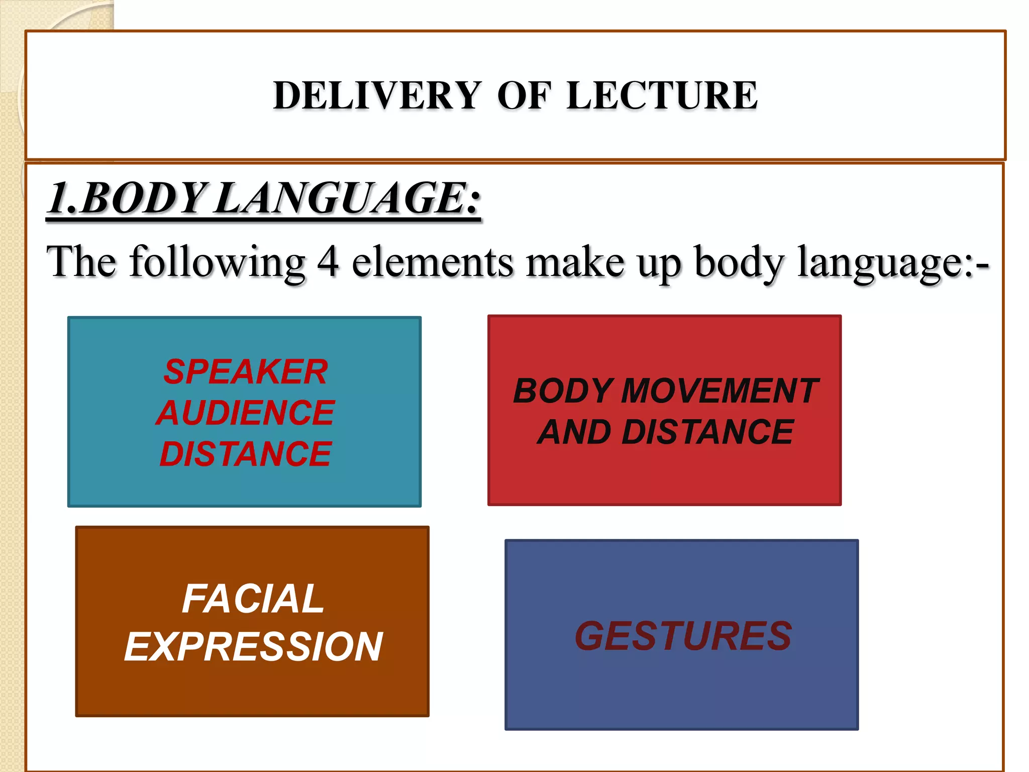 DELIVERY OF LECTURE
1.BODY LANGUAGE:
The following 4 elements make up body language:-
SPEAKER
AUDIENCE
DISTANCE
FACIAL
EXPRESSION GESTURES
BODY MOVEMENT
AND DISTANCE
 