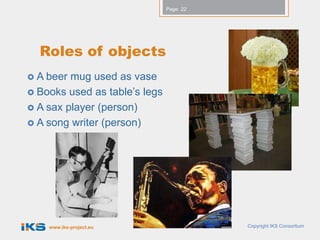 Page: 22




  Roles of objects
 A beer mug used as vase
 Books used as table’s legs
 A sax player (person)
 A song writer (person)




    www.iks-project.eu                    Copyright IKS Consortium
 