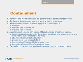 Page: 60




    Containment
   Parthood and membership can be generalized as containment relations
   Containment relation represents a general cognitive schema
   A containment schema involves a physical or metaphorical
       boundary
       enclosed area or volume, or
       excluded area or volume
   A containment schema can have additional optional properties, such as
       transitivity of enclosure (whereby if one object is enclosed by a second, and that by a
        third, the first is also enclosed by the third)
       objects inside or outside the boundary
       protectedness of an enclosed object
       the restriction of forces inside the enclosure, and
       the relatively fixed position of an enclosed object
   We model containment as a general transitive relation between objects




        www.iks-project.eu                                                   Copyright IKS Consortium
 