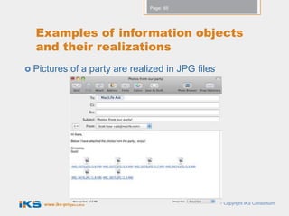 Page: 65




  Examples of information objects
  and their realizations
 Pictures     of a party are realized in JPG files




    www.iks-project.eu                                Copyright IKS Consortium
 