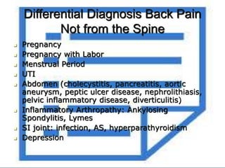 Differential Diagnosis Back Pain
Not from the Spine
 Pregnancy
 Pregnancy with Labor
 Menstrual Period
 UTI
 Abdomen (cholecystitis, pancreatitis, aortic
aneurysm, peptic ulcer disease, nephrolithiasis,
pelvic inflammatory disease, diverticulitis)
 Inflammatory Arthropathy: Ankylosing
Spondylitis, Lymes
 SI joint: infection, AS, hyperparathyroidism
 Depression
 