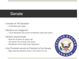 Senate
- Consists of 100 Senators
- 2 Senators per state
- Elections are staggered
- 1/3 of Senators are up for re-election every two years
- Senator requirements:
- Must be at least 30 years old
- US citizen for at least nine years
- Residents of the state they represent
- Vice President serves as President of the Senate
- May cast the decisive vote in the event of a tie
 