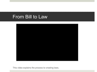 From Bill to Law
This video explains the process to creating laws.
 