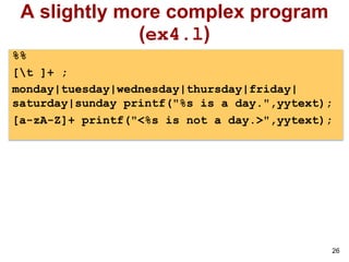 26
A slightly more complex program
(ex4.l)
%%
[t ]+ ;
monday|tuesday|wednesday|thursday|friday|
saturday|sunday printf("%s is a day.",yytext);
[a-zA-Z]+ printf("<%s is not a day.>",yytext);
 