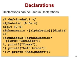 35
Declarations
Declarations can be used in Declarations
/* def-in-def.l */
alphabetic [A-Za-z]
digit [0-9]
alphanumeric ({alphabetic}|{digit})
%%
{alphabetic}{alphanumeric}*
printf("Variable");
, printf("Comma");
{ printf("Left brace");
:= printf("Assignment");
 