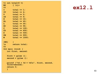43
ex12.l
%{ int total=0 %}
WS [ t]+
%%
I total += 1;
IV total += 4;
V total += 5;
IX total += 9;
X total += 10;
XL total += 40;
L total += 50;
XC total += 90;
C total += 100;
CD total += 400;
D total += 500;
CM total += 900;
M total += 1000;
{WS} |
n return total;
%%
Int main (void) {
int first, second;
first = yylex ();
second = yylex ();
printf (“%d + %d = %dn”, first, second,
first+second);
return 0;
}
 