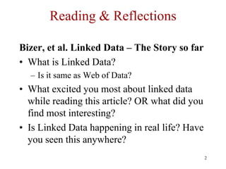 Reading & Reflections

Bizer, et al. Linked Data – The Story so far
• What is Linked Data?
  – Is it same as Web of Data?
...